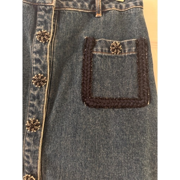 Self Portrait Skirt Button Front Pockets Embellished Blue Jean Skirt - Picture 11 of 16